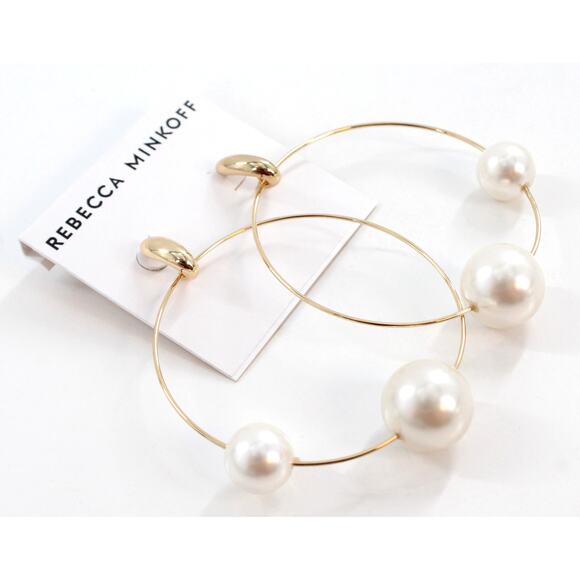 Rebecca Minkoff Gold Hoop Earrings with Simulated Pearls $48 Tags #RM024 - Picture 2 of 3